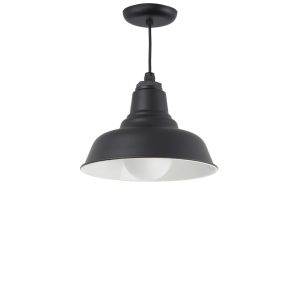 A black barn-style pendant light with a white interior hangs from a black cord