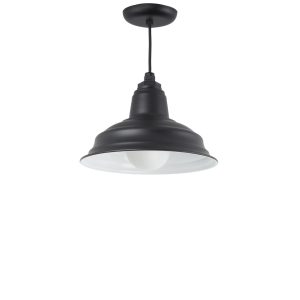 A black barn-style pendant light with a white interior hangs from a black cord against a white background