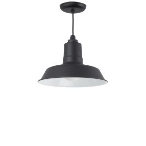 A black barn-style pendant light with a white interior hangs from a black cord