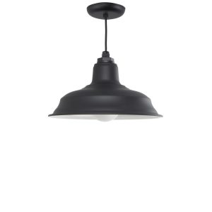 A black barn-style pendant light hangs from a black cord against a white background