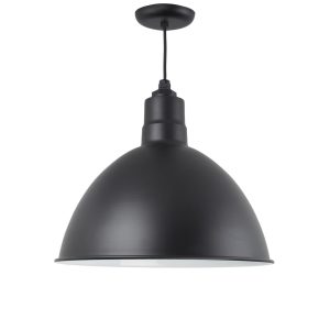 A black dome-shaped pendant light hangs from a black cord against a white background
