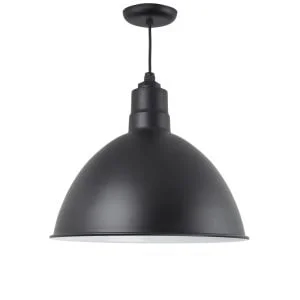 A black dome-shaped pendant light hangs from a black cord against a white background