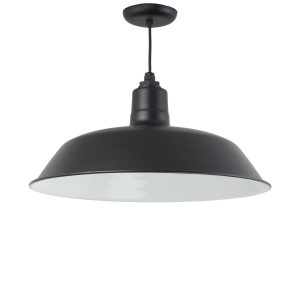A black barn-style pendant light with a white interior hangs from a black ceiling canopy