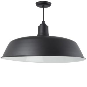 A black barn pendant light with a white interior hangs from a black cord