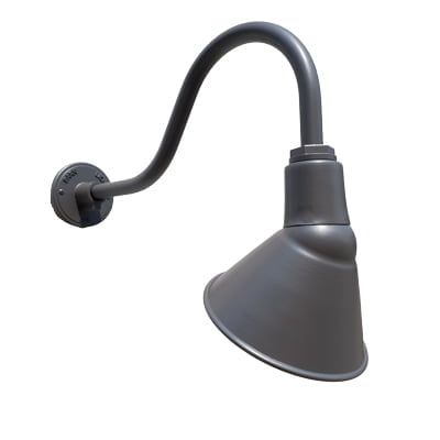 A dark grey gooseneck wall light with a conical shade is shown against a white background