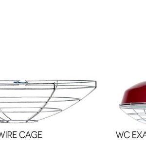 A wire cage accessory is shown next to a red pendant light with a wire cage
