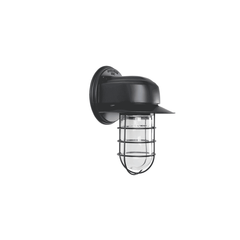 streamline flared wall sconce black ace nautical wire guard clear glass |