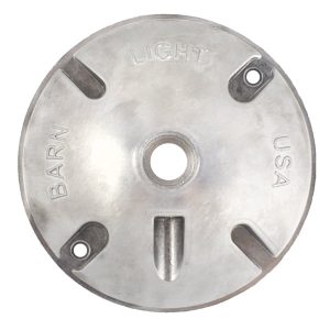 A circular metal mounting plate for a barn light fixture is shown against a white background