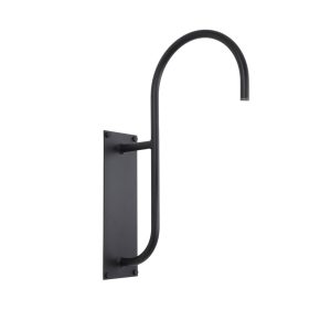 A black gooseneck wall light fixture is shown against a white background