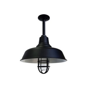 A black barn-style pendant light with a protective cage is shown against a white background