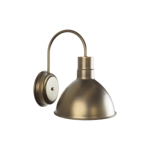 A brass gooseneck wall light with a dome-shaped shade is shown against a white background