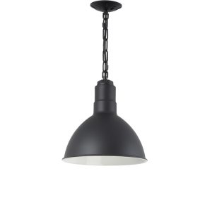 A black chain-hung pendant light with a white interior hangs against a white background