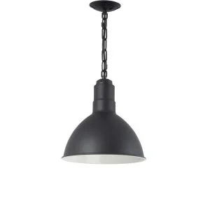 A black chain-hung pendant light with a white interior hangs against a white background