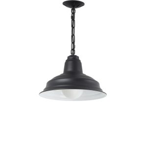 A black chain-hung pendant light with a white interior hangs against a white background