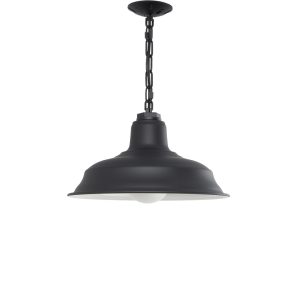 A black chain-hung pendant light with a white interior hangs against a white background