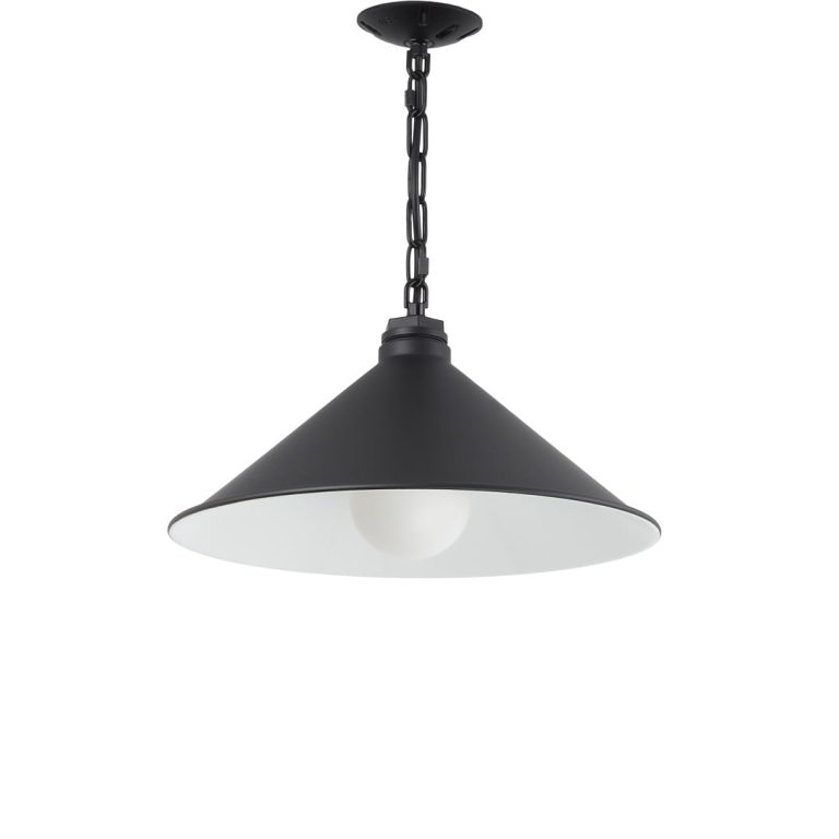 A black cone-shaped pendant light with a white interior hangs from a chain