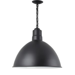 A black chain-hung pendant light with a dome-shaped shade hangs against a white background