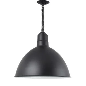 A black chain-hung pendant light with a dome-shaped shade hangs against a white background