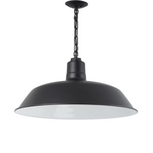 A black chain-hung pendant light with a white interior shade hangs against a white background
