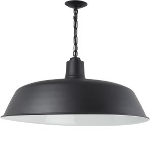 A black chain-hung pendant light with a white interior