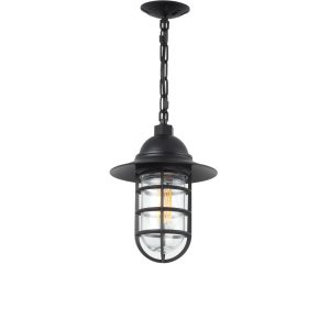 A black caged pendant light with a glass shade hangs from a chain
