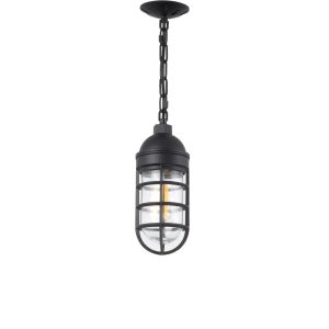 A black caged pendant light with a clear glass shade hangs from a chain