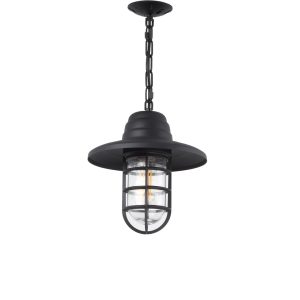 A black chain-hung pendant light with a caged glass shade is shown against a white background