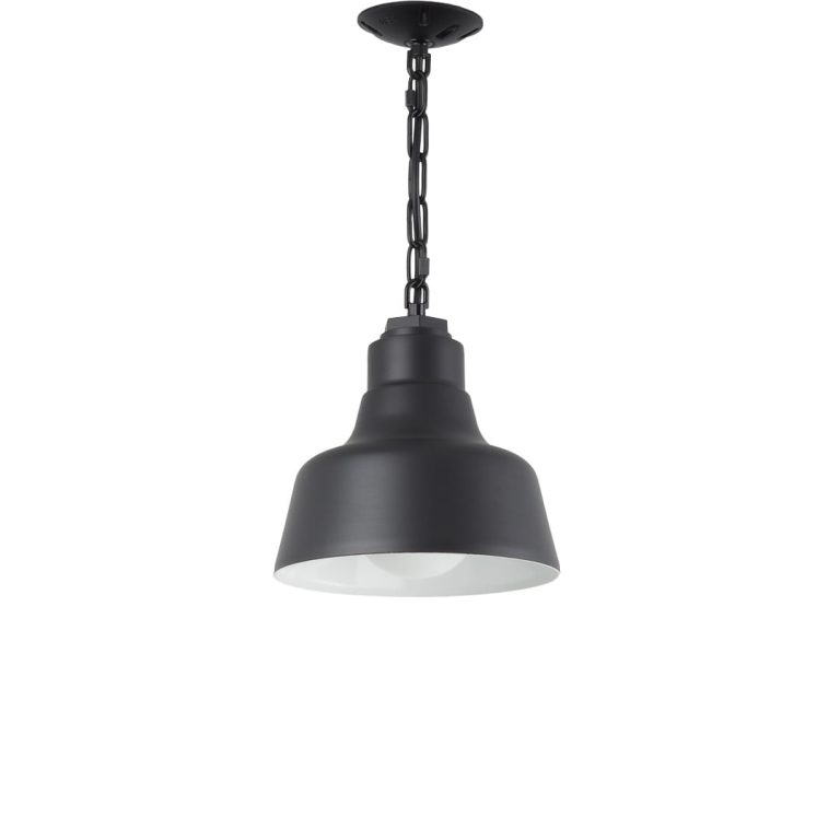A black chain-hung pendant light with a white interior hangs against a white background