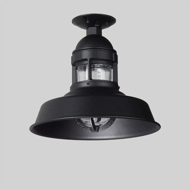 A black barn-style pendant light fixture is shown against a grey background