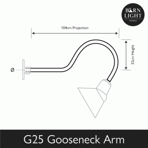 This is a technical drawing of the G25 Gooseneck Arm, showing its dimensions and mounting plate