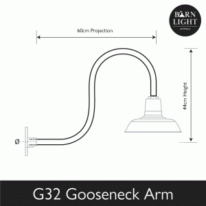 This is a line drawing of the G32 Gooseneck Arm, showing its dimensions of 60cm projection and 44cm height
