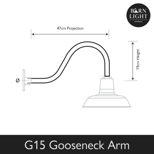 This is a technical drawing of the G15 Gooseneck Arm, showing its dimensions