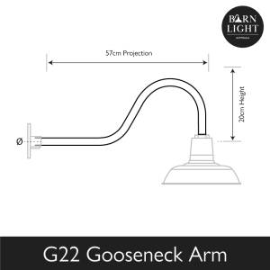 This diagram shows the dimensions of the G22 Gooseneck Arm, with a projection of 57cm and a height of 20cm