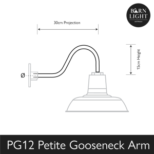 A diagram shows the dimensions of the PG12 Petite Gooseneck Arm light fixture