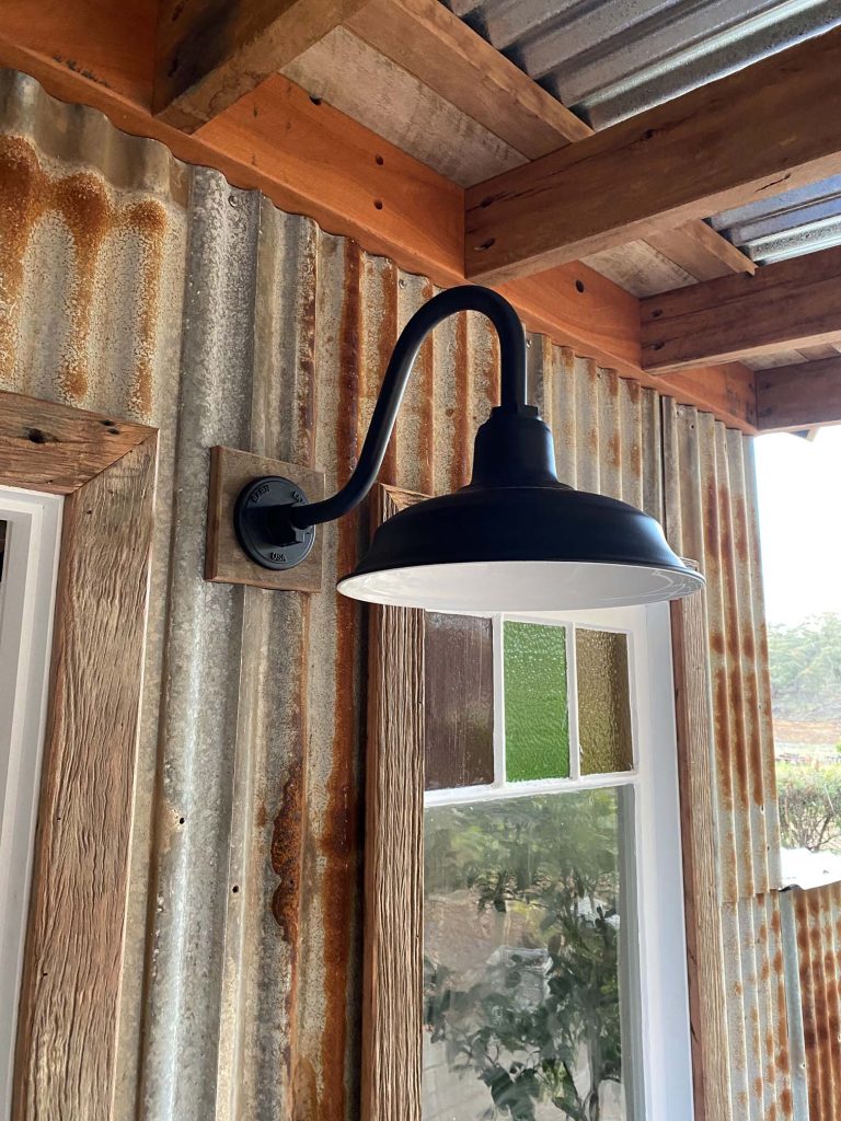 33cm old dixie gooseneck barn light on rusted sincalume panels rustic lead glass windows 2 |