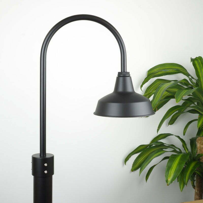 25cm Austin Post Mount Light in Black Ace on White Wall with Green Plant adjacent