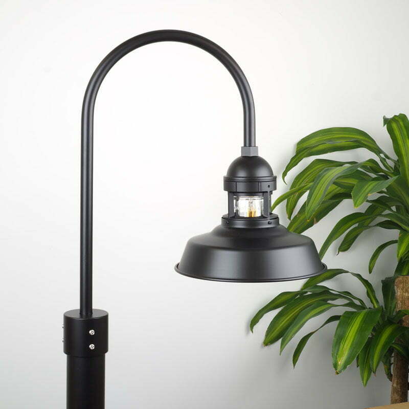 30cm Sydney Post Mount Light in Black Ace on White Background with Green Plant adjacent