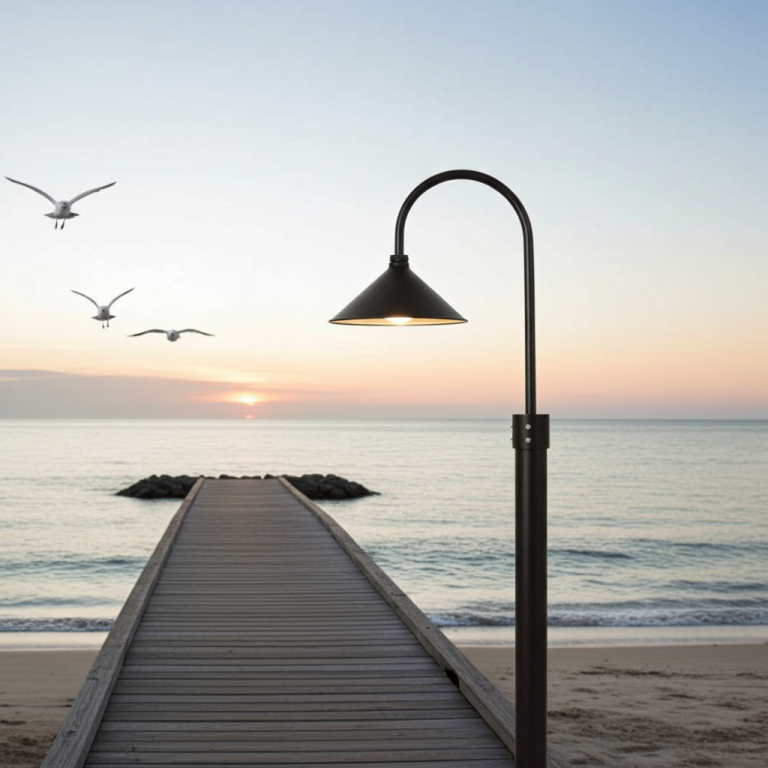 Outdoor Post Mount light in Black upon short Jetty