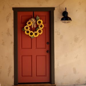 Black Wall Light next to Terracotta red coloured door and pale rendered concrete