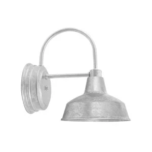 A silver gooseneck wall light with a barn-style shade is shown against a white background
