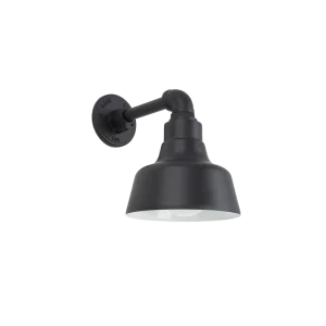 A black barn-style wall light with a gooseneck arm is shown against a black background