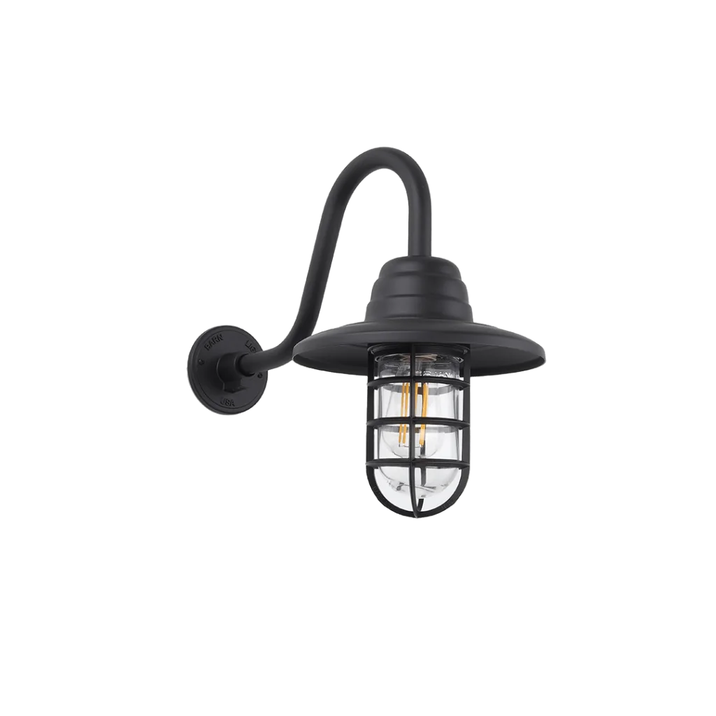 Art Deco Styled Gooseneck Mounted Bunker Light with Flare & Clear Glass. Shown in Black