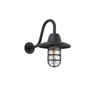 Art Deco Styled Gooseneck Mounted Bunker Light with Flare & Clear Glass. Shown in Black