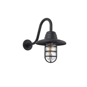 Art Deco Styled Gooseneck Mounted Bunker Light with Flare & Clear Glass. Shown in Black