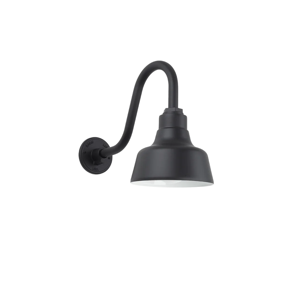 Industrial styled Gooseneck Mounted Warehouse Light. Shown in Black