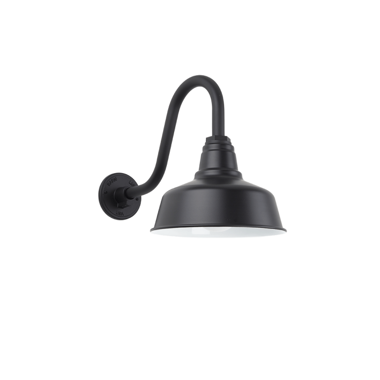 Industrial styled wall light in Black shown on gooseneck mounting