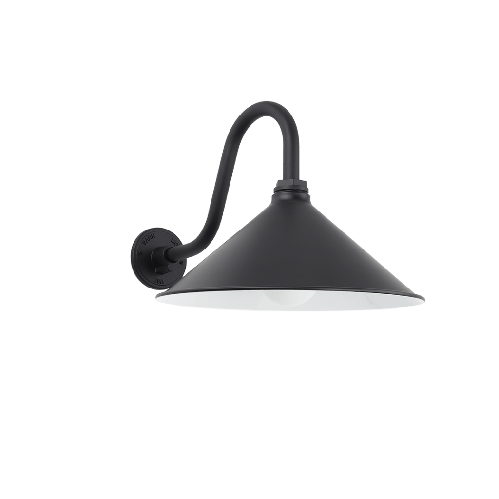 Large Conical Wall Light in Black on Gooseneck Wall Mounting