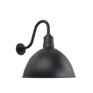 A black gooseneck wall light with a dome-shaped shade is shown against a black background