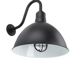 A black gooseneck wall light with a white interior and a protective cage around the bulb