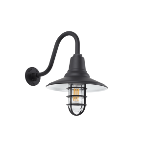 A black gooseneck wall light with a caged bulb is shown against a black background